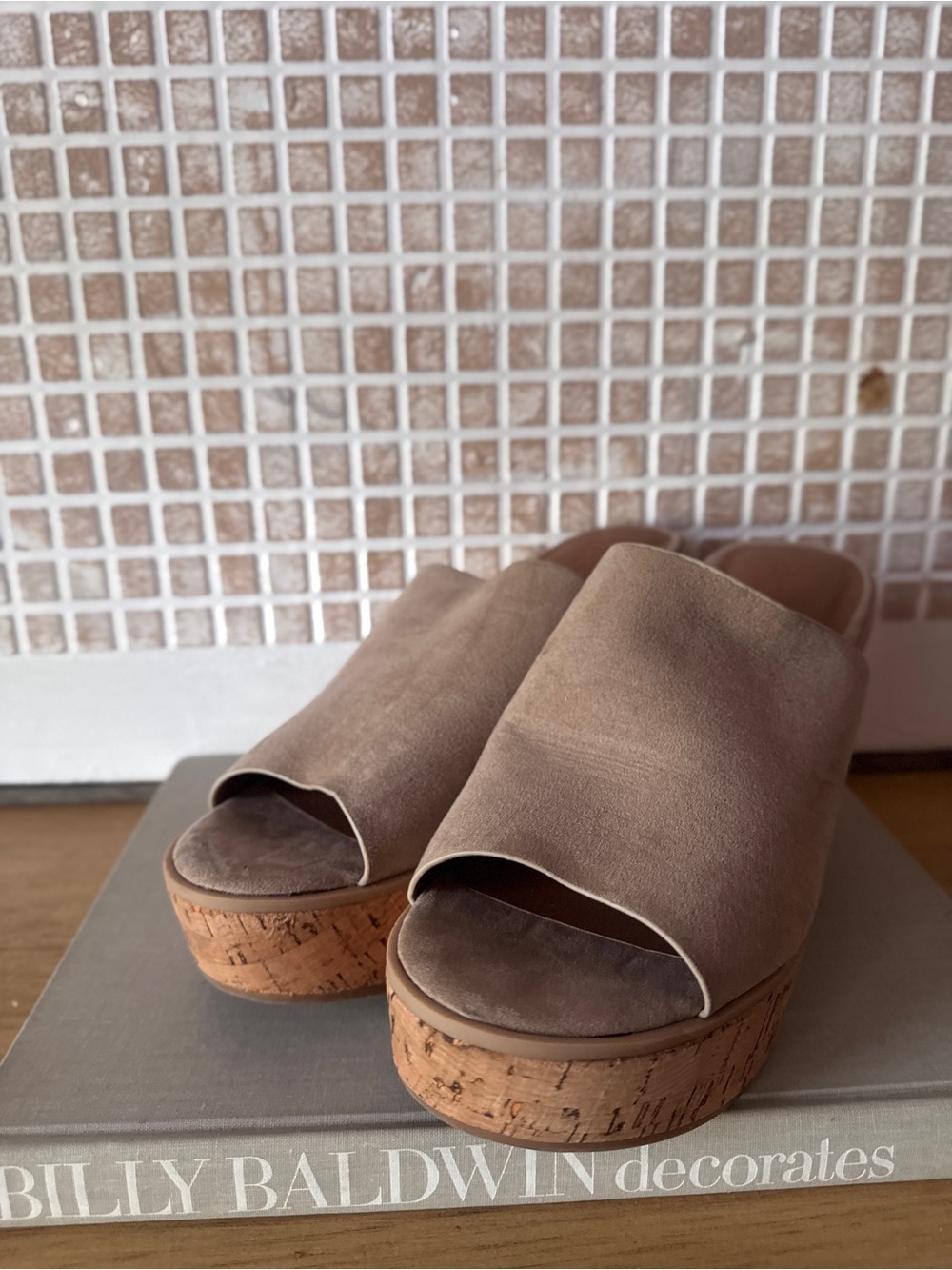 Beige Suede Cork Platform Slide Heel - Size 7.5 - Picture 3 of 7